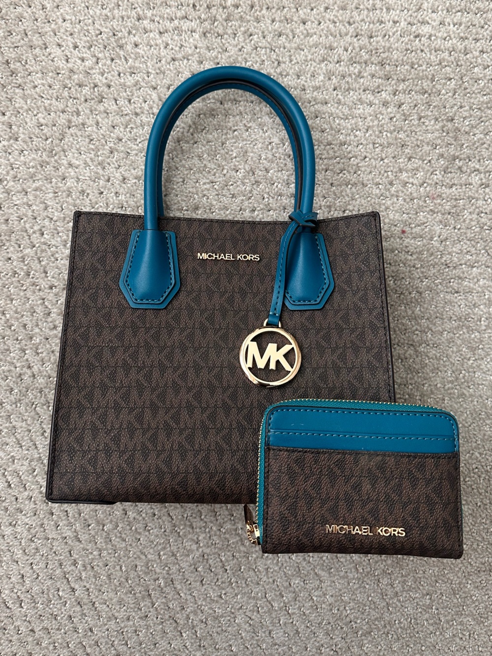 Michael Kors Brown Logo Tote with Teal Trim